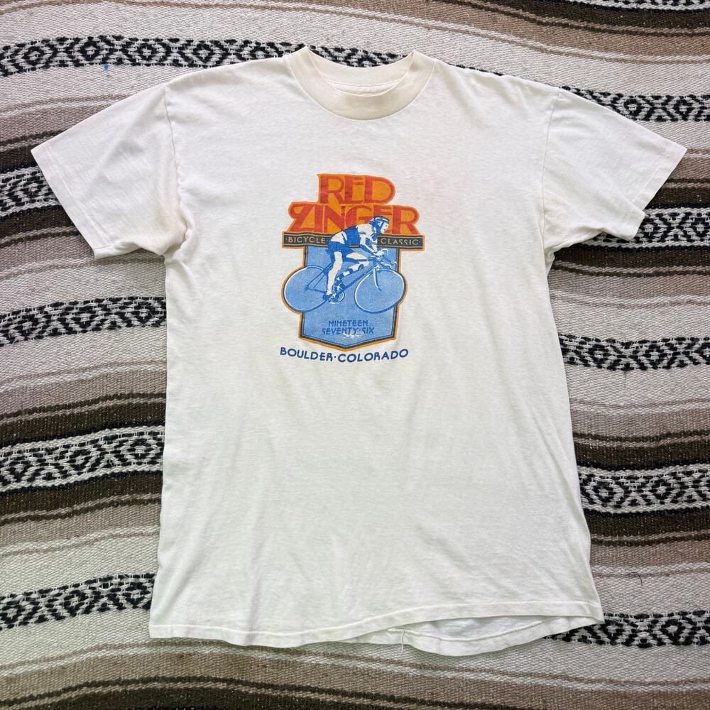 Vintage 1976 Red Zinger Bicycle Classic Celestial Seasonings Boulder Shirt Sz L